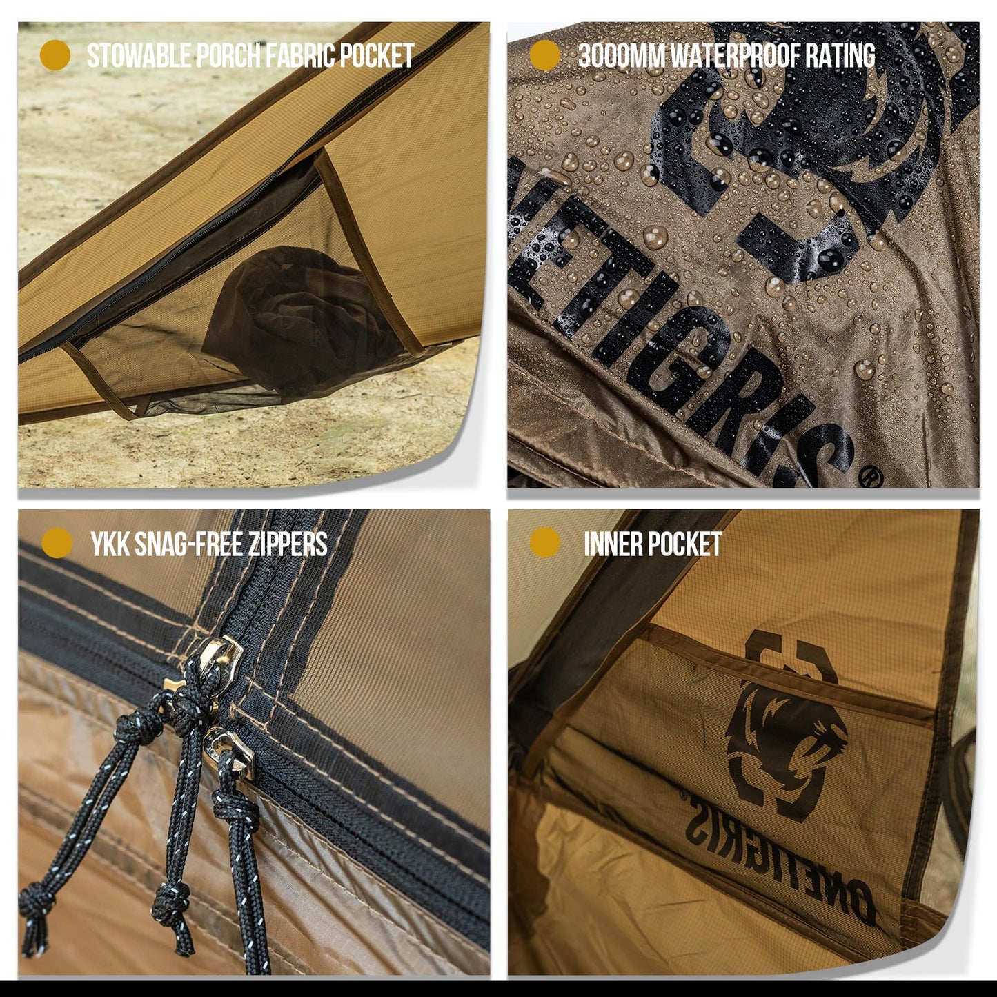 OneTigris Tetra Ultralight Tent Tipi 1-2 Person, Trekking Pole Tent, Waterproof 3 Season, Ideal for Camping Hiking Backpacking Bushcraft (160cm Version-Coyote Brown)