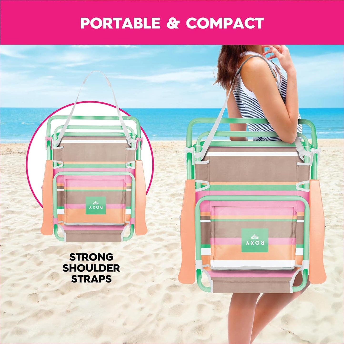 ROXY Beach Chair – Lounge Chair Outdoor, Lightweight Folding Chair with Adjustable Recline and Cup Holder – Beach Days, Pool Lounge Chairs, Folding Camping Chairs, Sun Tanning Chair or Festival