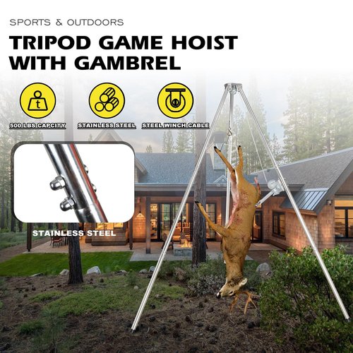 Deer Game Hoist Tripod Deer Hanger Stainless Steel Rack Stand for Hunting Processing Cleaning Hide Skinning with 500lb Capacity Gambrel and Manual Winch - Heavy Duty
