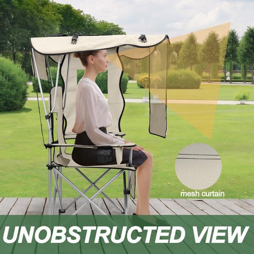 ptlsy Camping Chair with Shade Canopy for Adults, Quick Shade Canopy Folding Chair for Outdoor Sports with Cup Holder, Side Pocket for Camp, Beach, Tailgates, Fishing Support 330LBS (White & Blue)