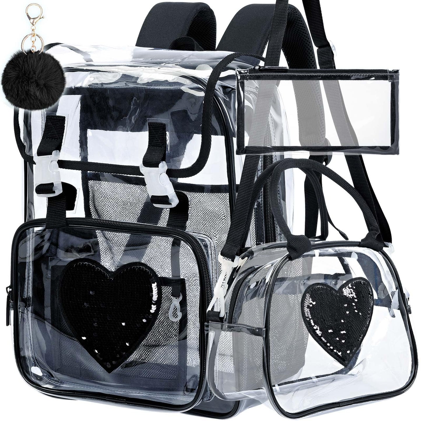 FTJCF 3PSC Clear Backpack, Heavy Duty Transparent Bookbag for Girls Women, Stadium Approved See Through Backpack Set (Black Sequins)