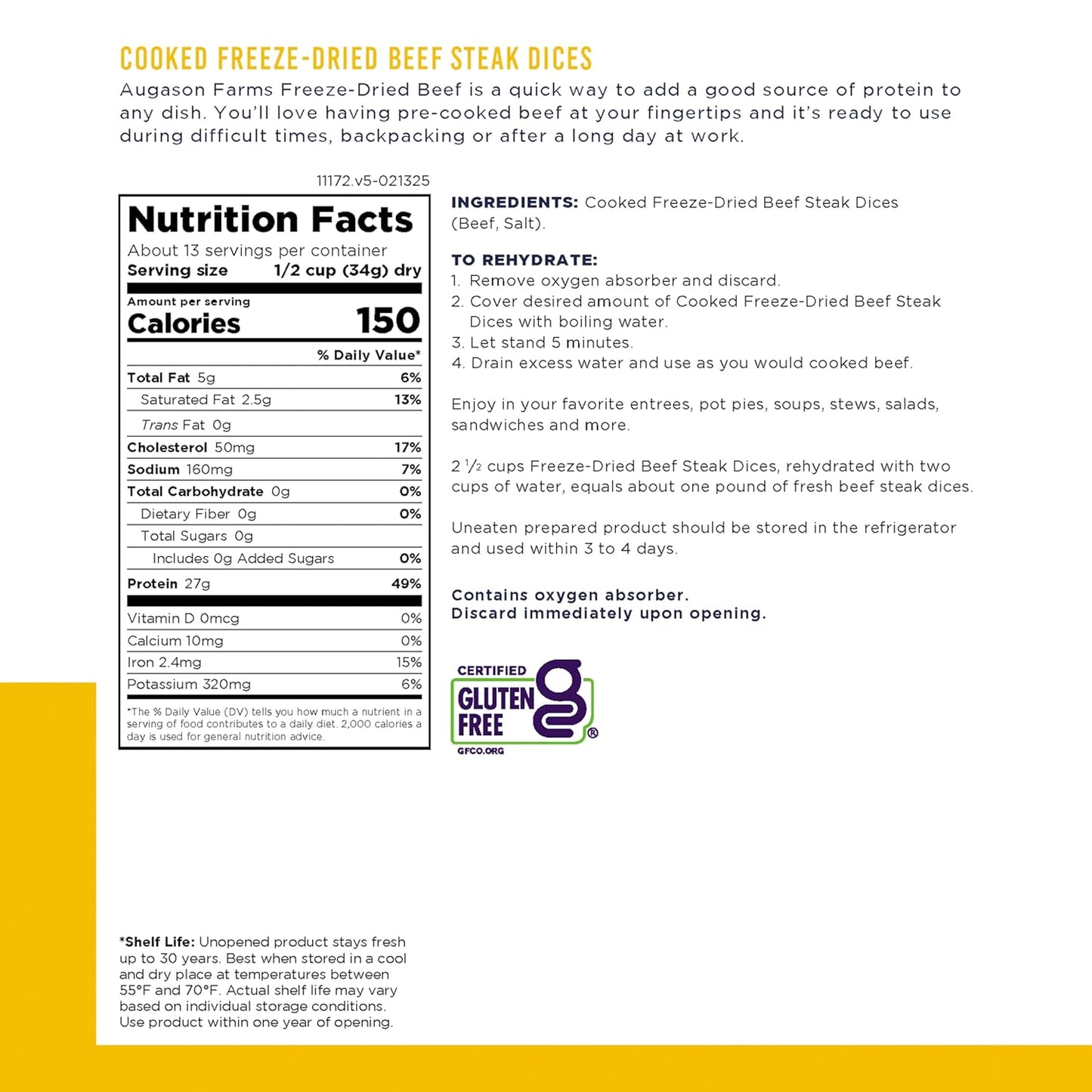 Augason Farms Freeze Dried Precooked Beef Steak Dices Can, Emergency Food Supply, Everyday Meals, 13 Servings