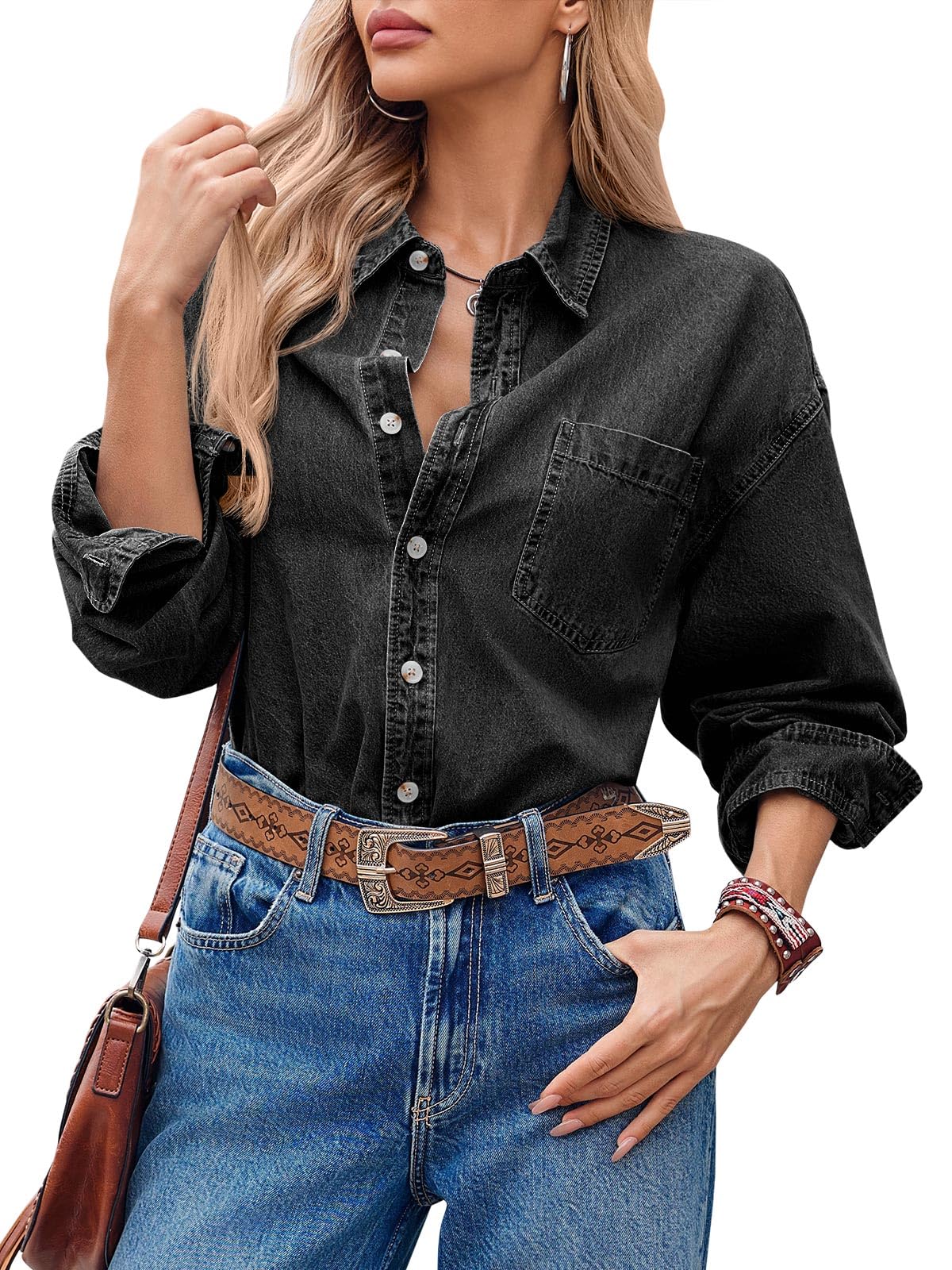 Cicy Bell Womens Oversized Denim Shirt Jean Jacket Button Down Shirts Long Sleeve Tops Trendy Shackets 2026 Spring Fashion Outfits Clothes Black