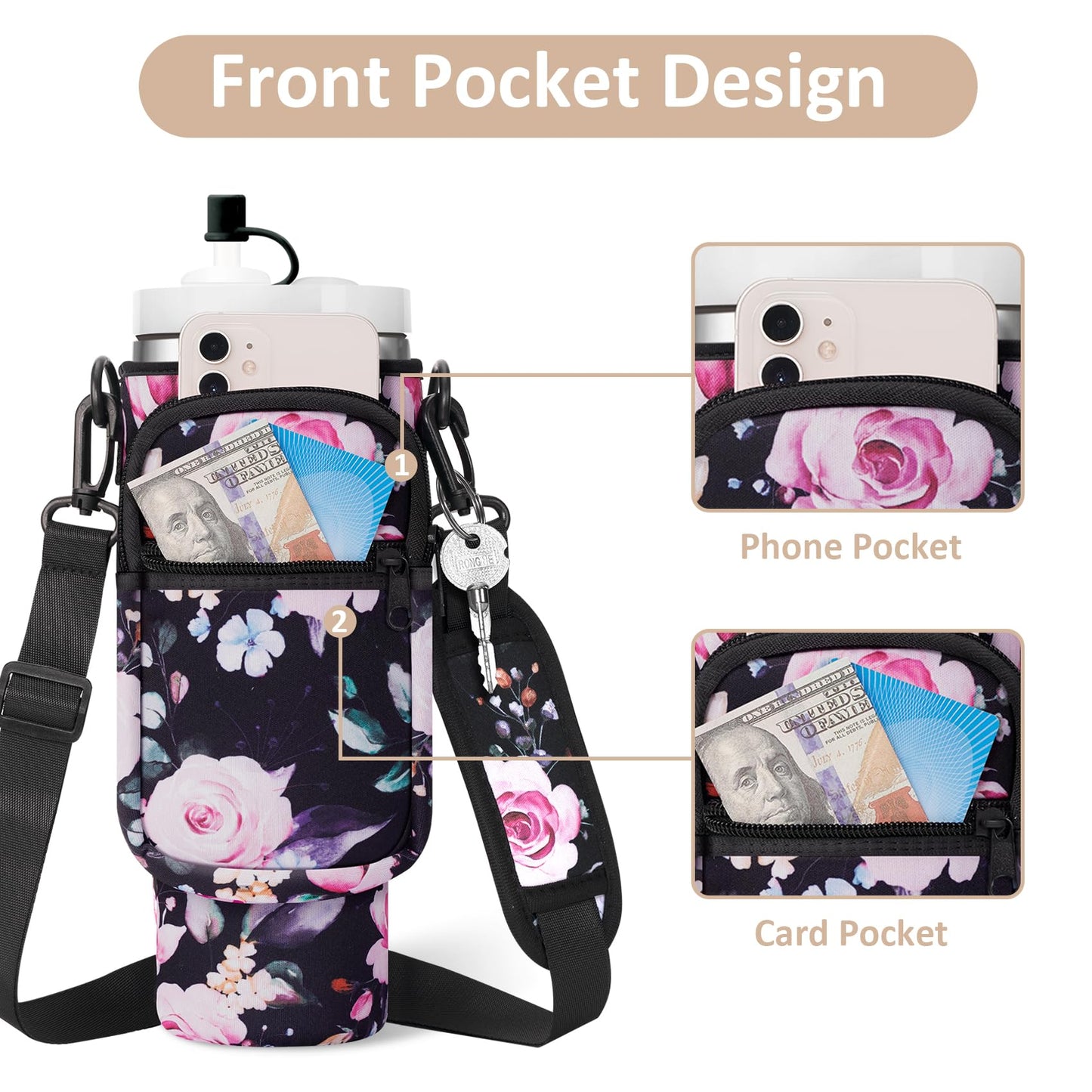 AceTreker 30/40 oz Stanley Cup Sling Bag with Strap & Phone Pocket, Neoprene Vacuum Insulated Travel Tumbler Holder with Straw Cover for Simple Modern with Handle-Black Flower
