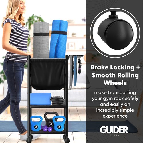 Guider Steel Multifunctional Home Gym Storage Rack - Metal Exercise Equipment Storage w/Wooden Shelf, Hooks & Black Yoga Mat Home Gym Organizer Basket - 88LBS Max Cap Weight Rack for Dumbbells & More