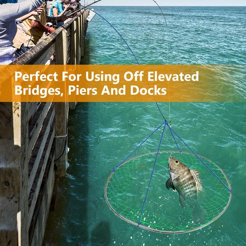 QualyQualy Bridge and Pier Fishing Net, Foldable Drop Net for Pier Fishing with Rope, Landing Net with Soft Steel Hoop(32''×36'')