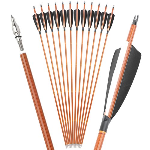 surwolf 31Inch Carbon Arrow Practice Target Arrows with 4" Natural Feather Spine 500 Hunting Arrows with Replaceable Arrowhead for Compound and Recurve Bows 6/12Pack (Black, 12pcs)