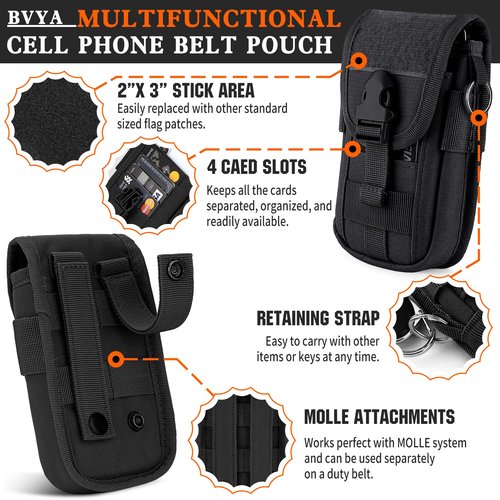 bvya Tactical Molle Phone Pouch, Smartphone Waist Belt Holster Buckle Closure EDC Utility Card Holder with Flag Patch Badge Holder for iPhone 15 Pro Max/14 Pro Max/13 Pro Max