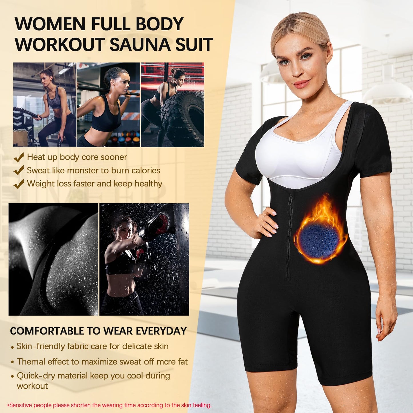 Everfion Sauna Suit for Women Full Body Waist Trainer Short Sleeve Sweat Suit with Shorts Full Body Shaper (Blue, L)