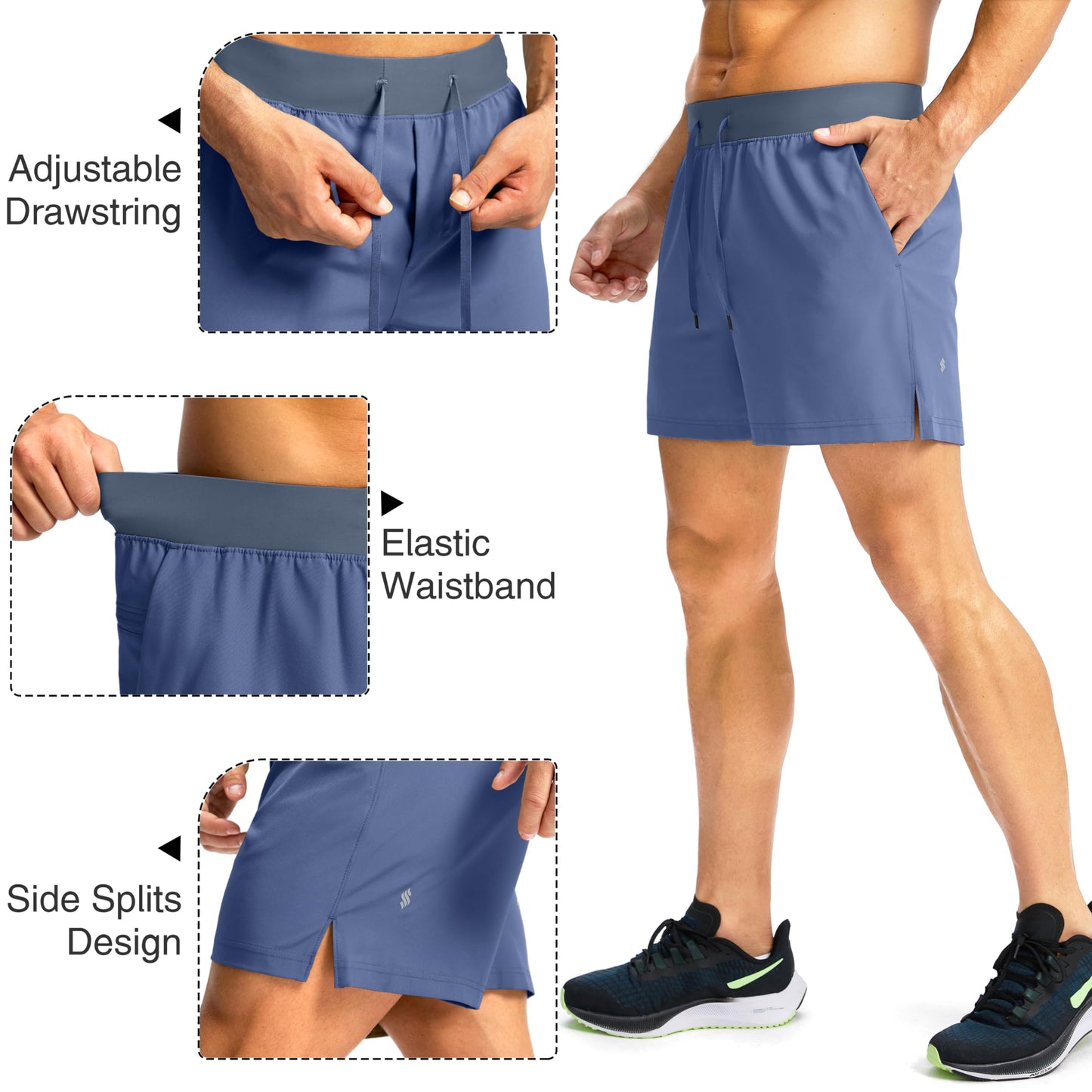 Soothfeel Men's Running Shorts with Zipper Pockets 5 Inch Lightweight Quick Dry Basketball Gym Workout Athletic Shorts for Men (Blue, L)