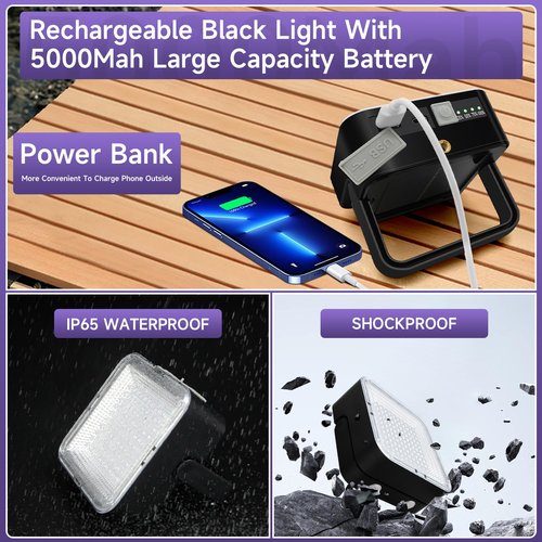 Rechargeable UV Black Light, 60W 5000mAh Dimmable UV Light, 100 LED 395nM LED Ultraviolet Blacklight, for Dog Cat Pet Urine Stains Detection, Bed Bug, Scorpions, Bedroom, Camping, Outdoor