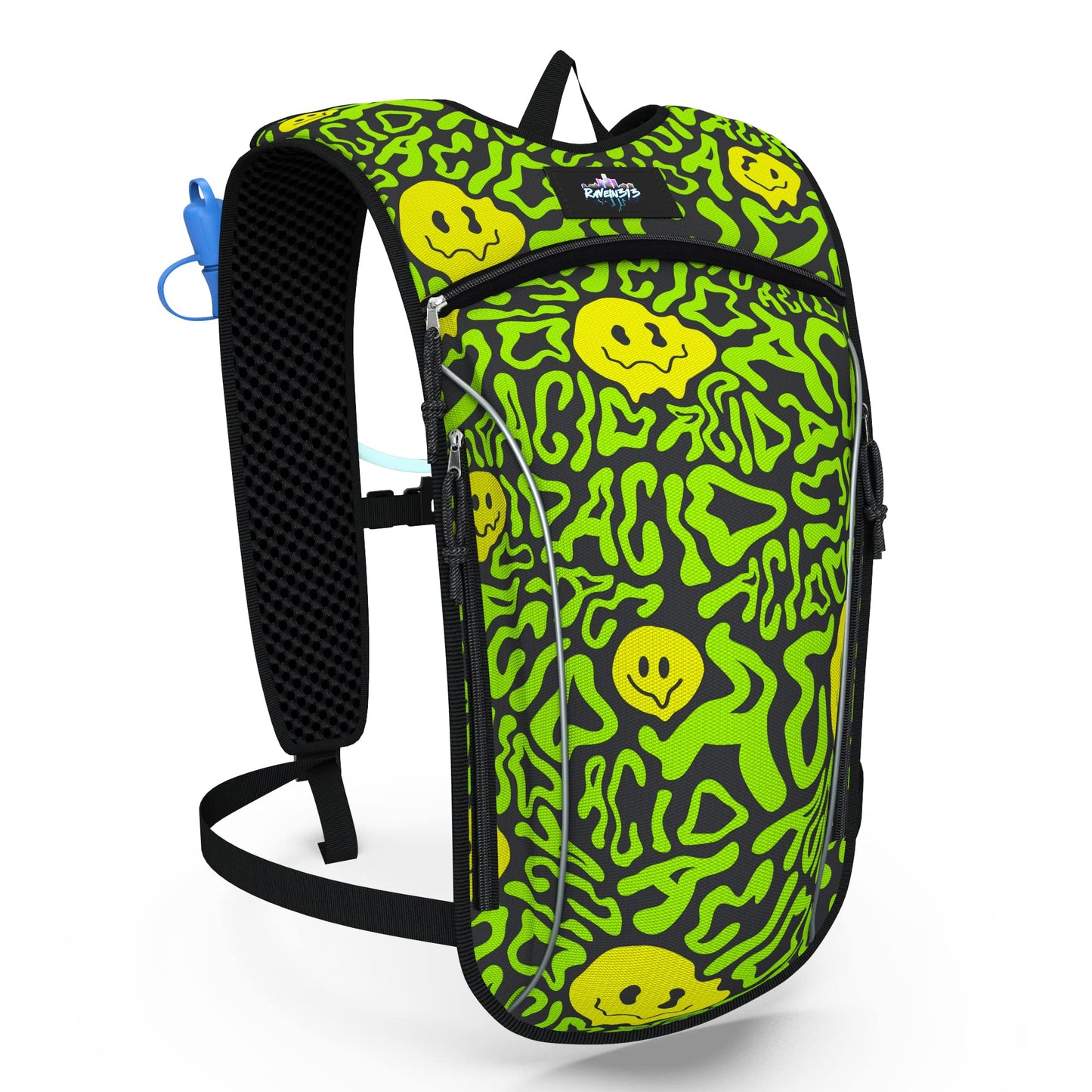 Light Weight Hydration Backpack - 2L Bladder Included - Great for Festivals, Backpacking, Hiking, Mountain Biking, Outdoors Activities. (Acid Bath)