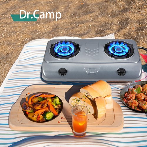 Dr.Camp 35000 BTU 2 Burner Propane Gas Stove Cooktop Outdoor Camping Stove Portable Double Burner for BBQ Boiling Frying Cooking Estufa de Gas Portátil Fogón de Gas