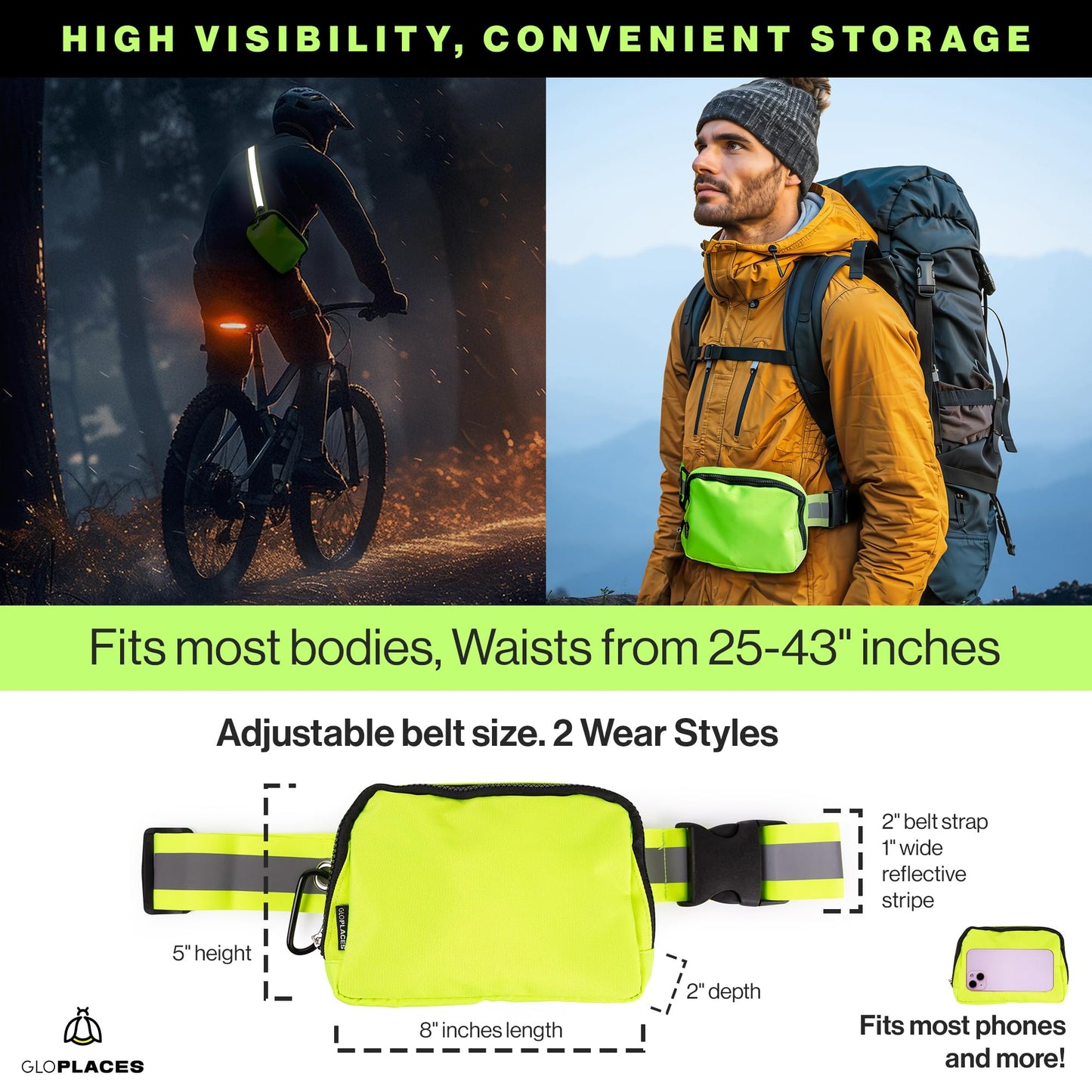 GLOPLACES Reflective Belt Bag Night Sash for Night Safety - High Visibility Hip Bag Waist Pack with Large Storage Pouch - Adjustable Night Fanny Pack for Dog Walking, Hiking, Biking