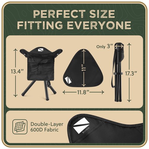 RISIBIX Foldable Tripod 13.4'' Stool - Ultra Portable Seat, Best for Youth+Pocket - 1 lb Camping Stool, 3 Legged Strong Steel Stool, Height: 13.4 inches (Black)