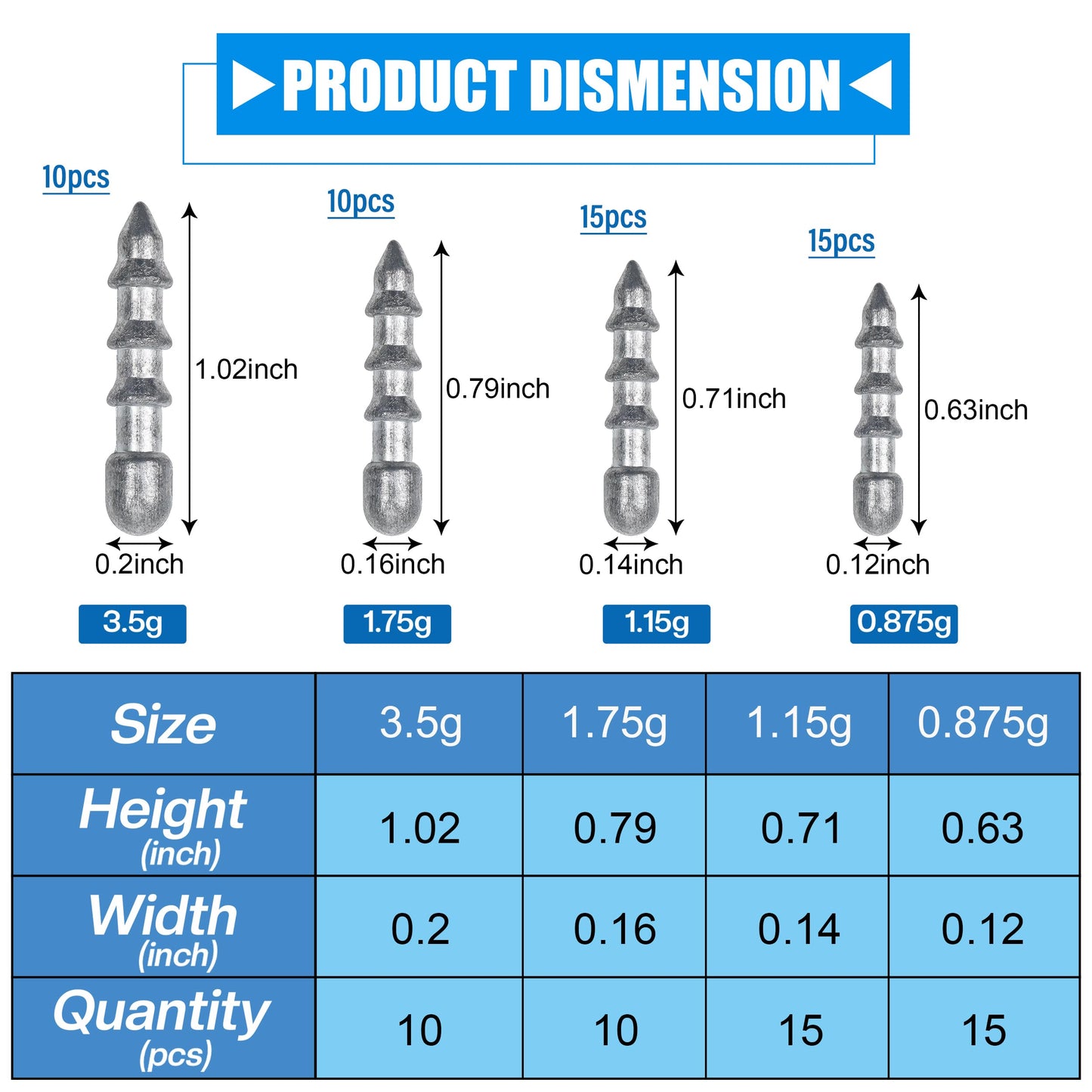 50pcs Fishing Nail Weights Kit Insert Sinkers Wacky Worm Weights for Bass Fishing Soft Plastic Lures Nail Sinkers Wacky Rig Neko Rig Insert Pencil Sinker Weight Kit 4 Sizes