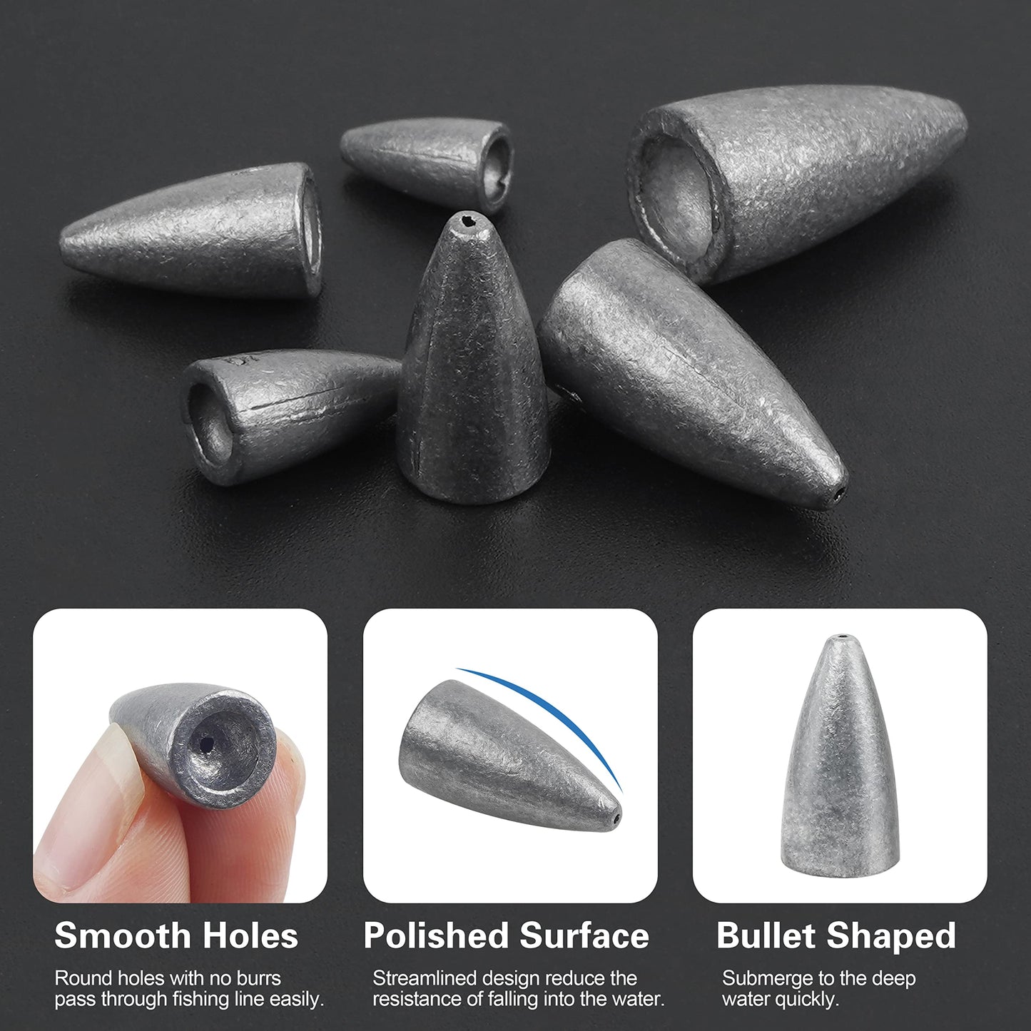 Fishing Weights Sinkers, 50pcs Bullet Fishing Sinkers Worm Weights Slip Sinkers Sliding Fishing Weights for Bass Fishing Pitching and Flipping Texas Rigs Saltwater Freshwater