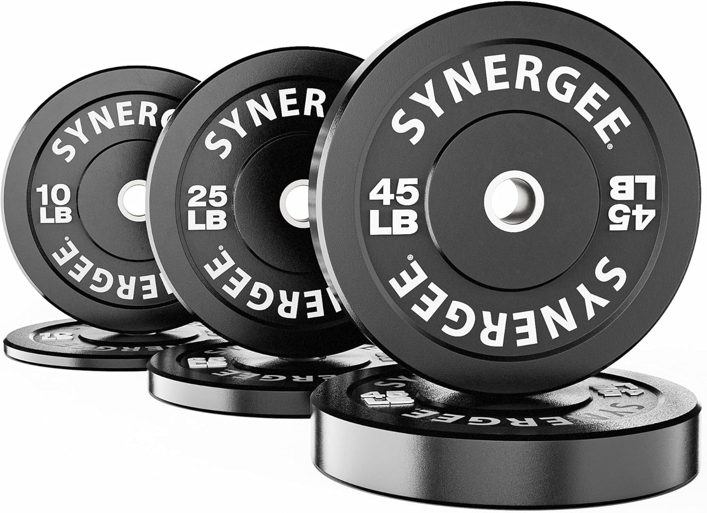 Synergee Bumper Plates – Durable Olympic Weight Plates, Low-Bounce Rubber for Strength Training, Powerlifting, and Functional Workouts.