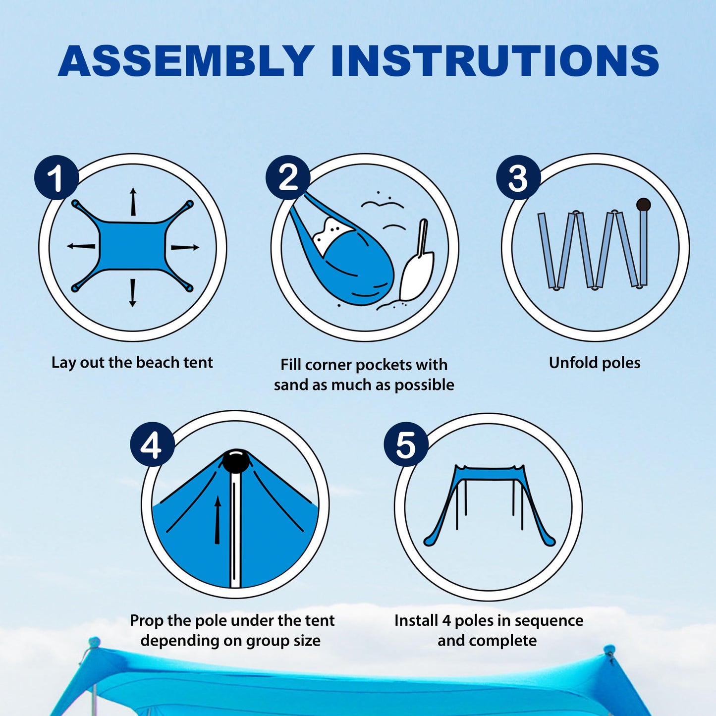 AMMSUN Beach Tent Portable Beach Canopy,11ft X 11ft Sun Shelter Easy Setup, 11'x11' Lycra Sun Shade with UPF50+ Protection 4 Sand Bags & 4 Poles for Family at The Camping, Beach & Outdoor