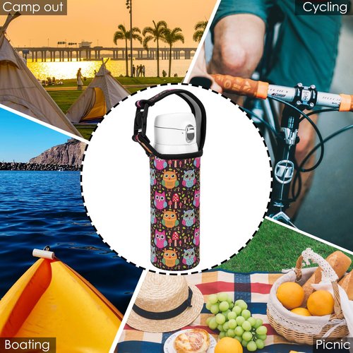 CAIRIAC Cartoon Owl Neoprene Sleeve Bottle Cup Carrier Pouch, Cup Holder Pouch with Carrying Handle, 16oz-21oz Portable Bottle Cooler Cover Holder Strap for Outdoor