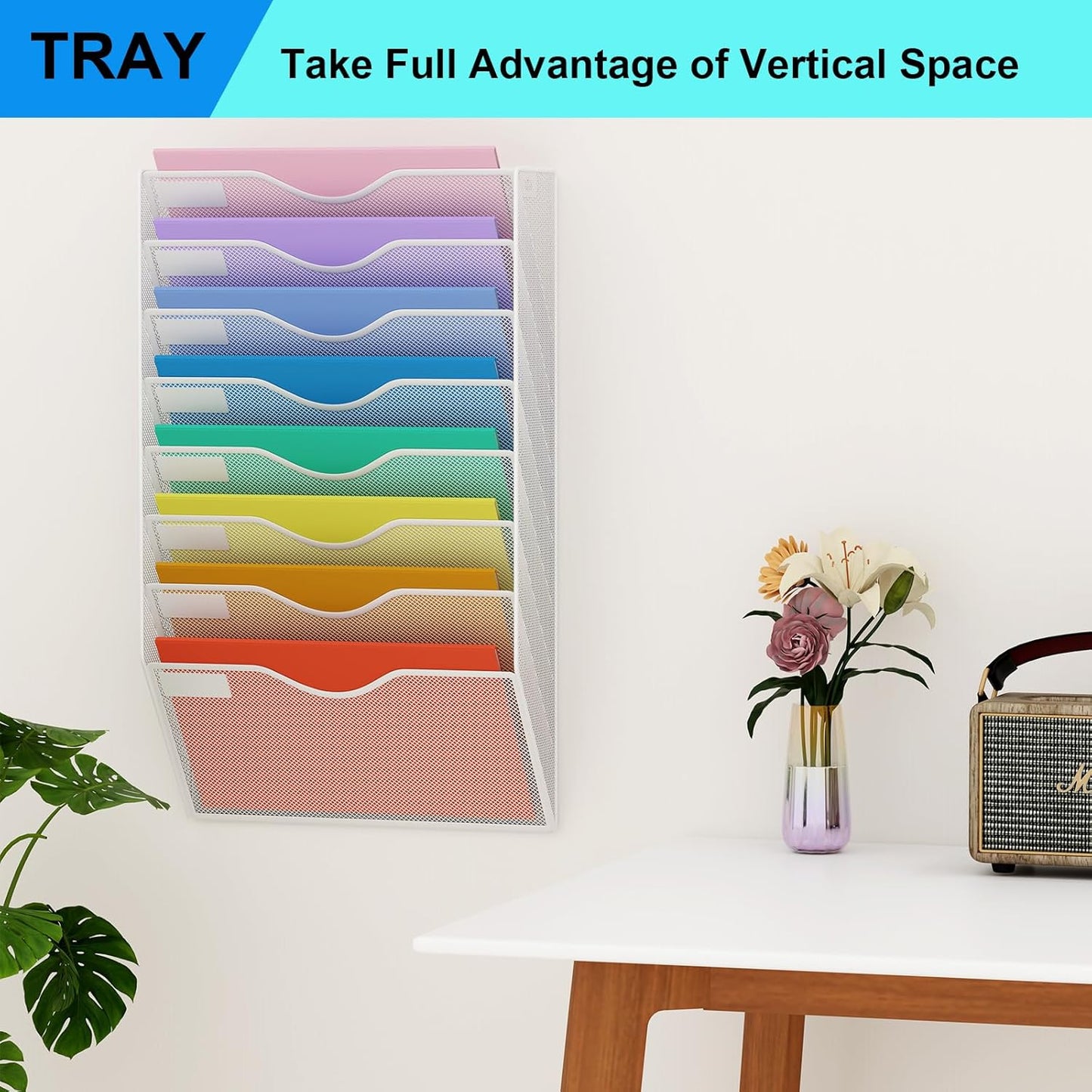 5 Pockets Mesh Hanging Wall File Holder Organizer Wall Mounted Paper Magazine Rack, Black