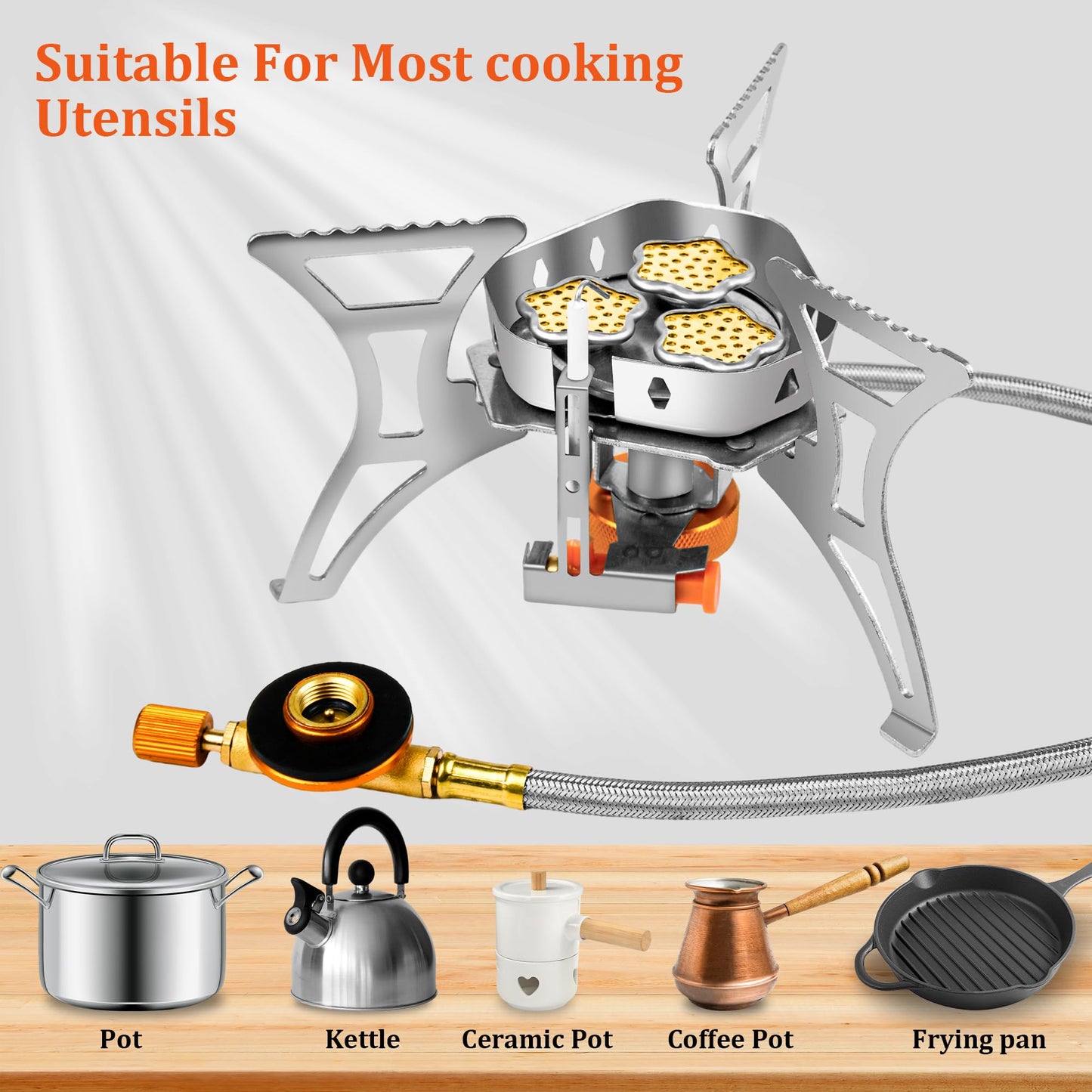 6800W Camping Backpacking Stove, Outdoor Portable Burner Cooking Stove with Fuel Canister Adapter, Piezo Ignition, Carry Case, Foldable Windproof Camping Gas Stove for Picnic Hiking