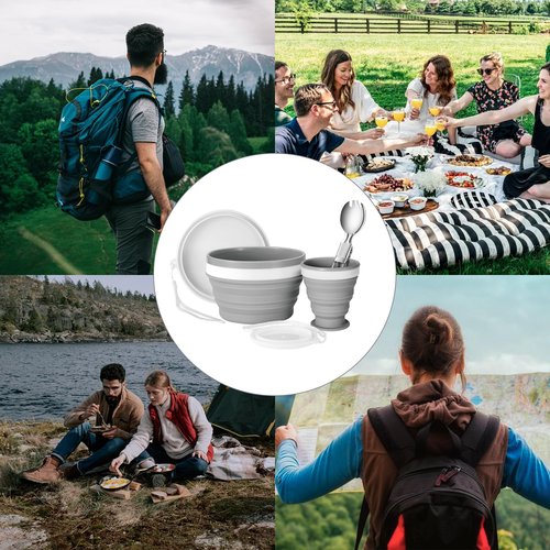 Odoland Camping Mess Kit Silicone Collapsible Bowl, Cup & Stainless Steel Spoon for 1 Person Backpacking Outdoor, Camping, Hiking and Picnic