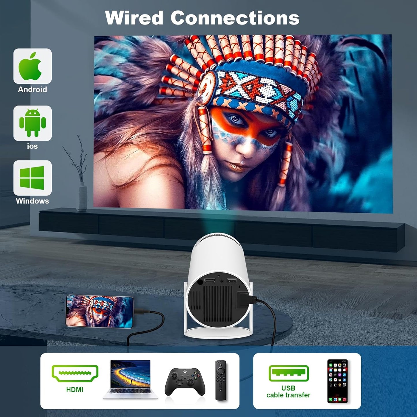Mini Projector, HY300 PRO Portable Projector, Support 4K 1080P with Dual-Band WIFI6 5G Wireless 5.0 Bluetooth Android 11, 180° Rotatable, Auto Keystone Correction, 35"-130" Screen Video Projector