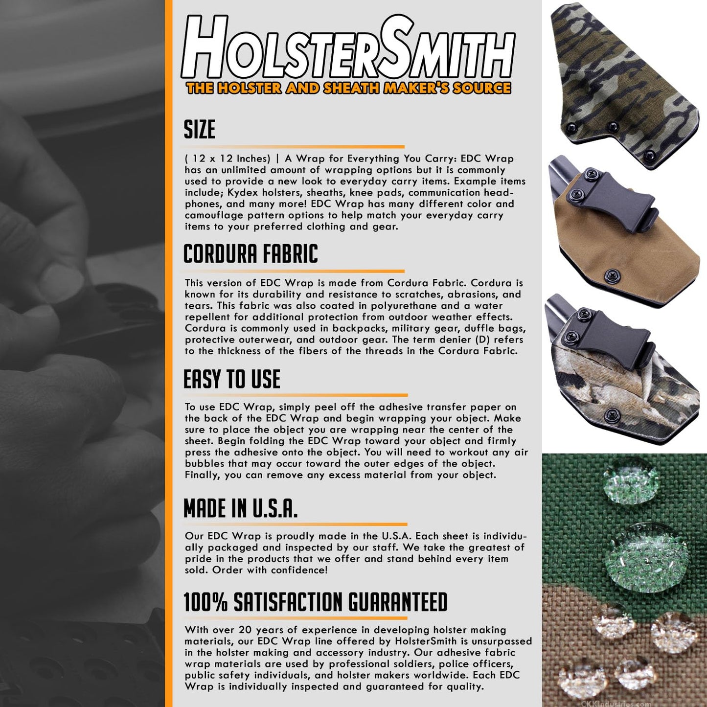 HolsterSmith EDC Wrap – Cordura Fabric Wrap for Kydex Holsters, Sheaths, Headphones, and Other Everyday Carry Items – Cordura (500D) – (Compatible with Multicam Black) – (6in x 12in)