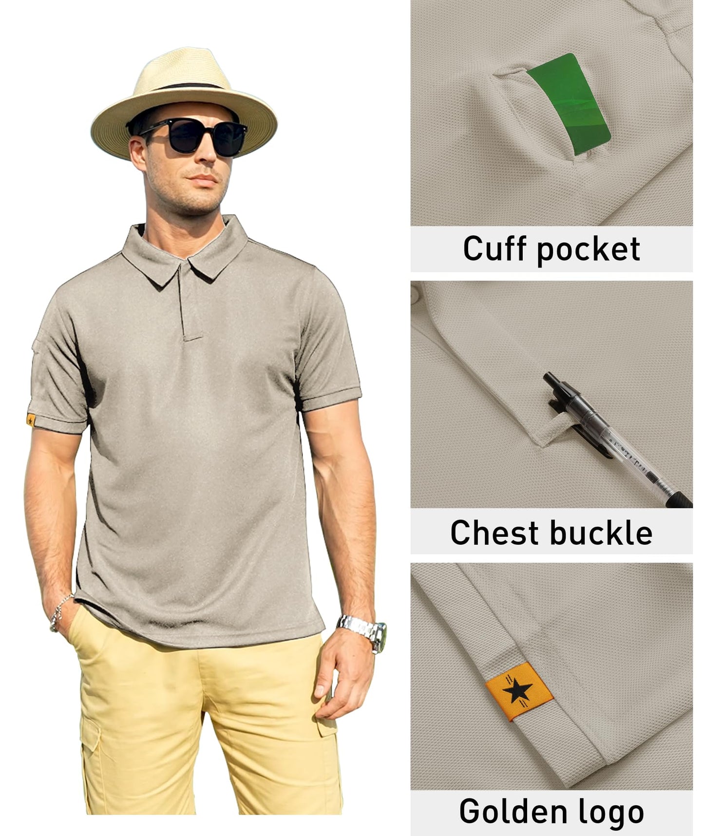 ZITY Mens Polo Shirt Short Sleeve Sports Tactical T-Shirt Athletic Golf Polos Daily Casual Stylish Collared Shirts for Men Lightkhaki XX-Large