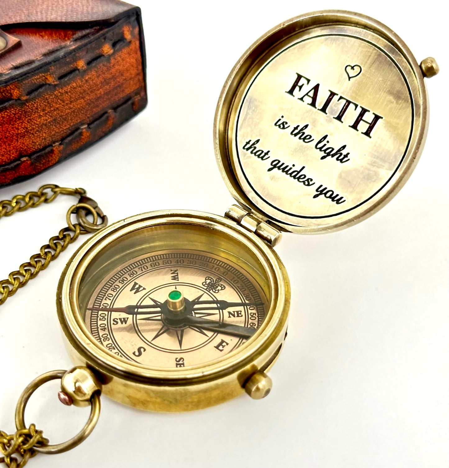 Faith Compass – Inspirational Gift for Men & Boys | Christian Baptism, Communion, Confirmation, or Graduation Present | “Faith is The Light That Guides You” Engraved | Leather Box