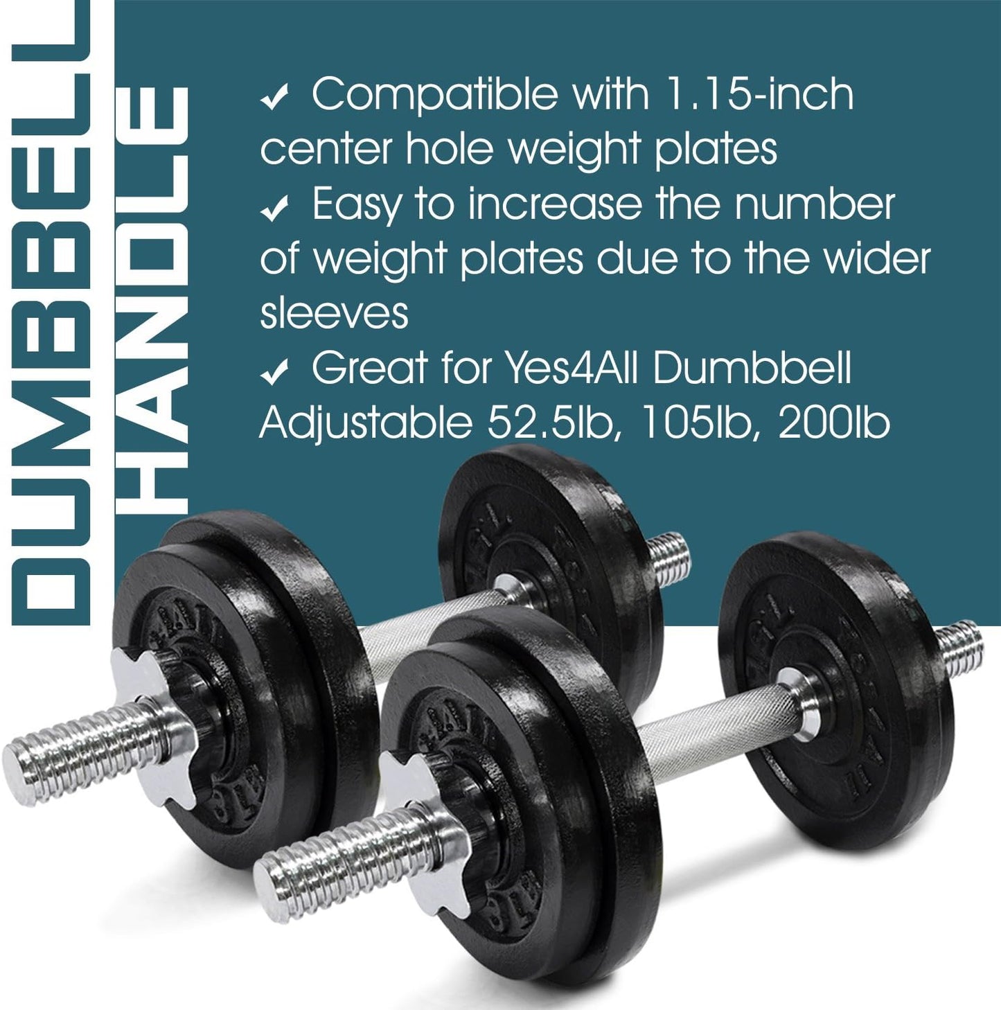 Yes4All Pair of Threaded Dumbbell Handles 14/16/18/24 inch, Chrome/Rubber Grip, Fit 1” Plates, Weight Bar Connector