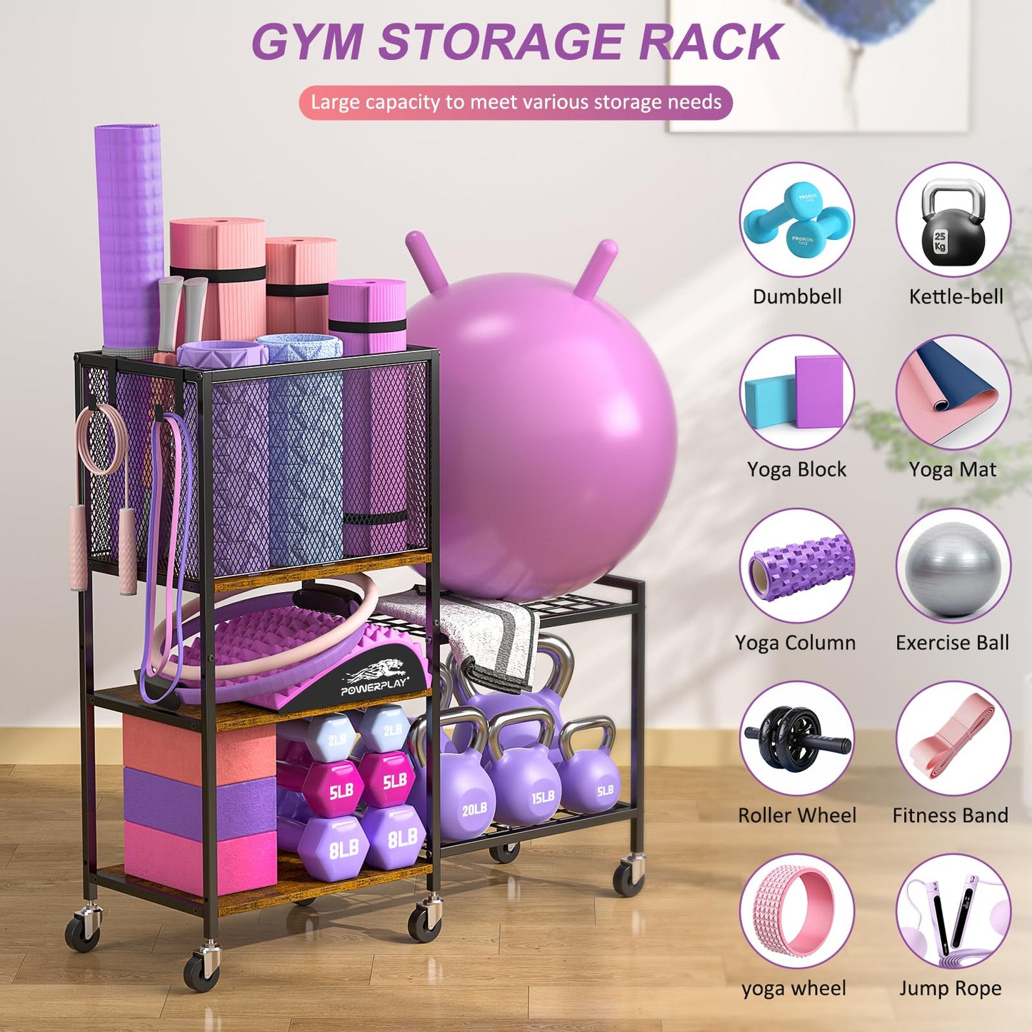 5 Tier Dumbbell Rack, Yoga Mat Storage Holder, Home Gym Storage Rack, Workout Equipment Storage Organizer, Weight Storage Holder Rack with Hooks and Wheels