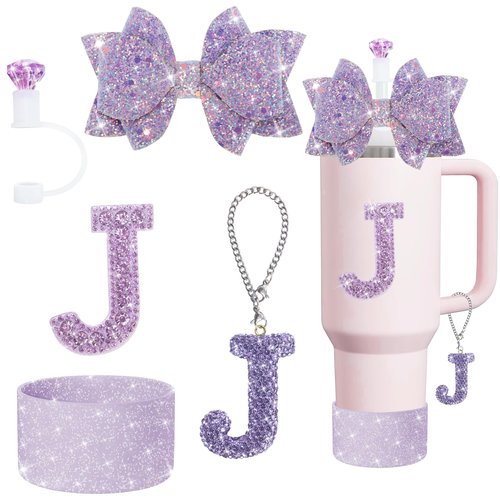 XIANGYUAN 5Pcs Stanley Cup Accessories Set,Letter Charm for Stanley Cups,Including Diamond Straw,Bow Straw,Sparkly Silicone Boot for Stanley Cup 30oz or 40oz(Purple J)