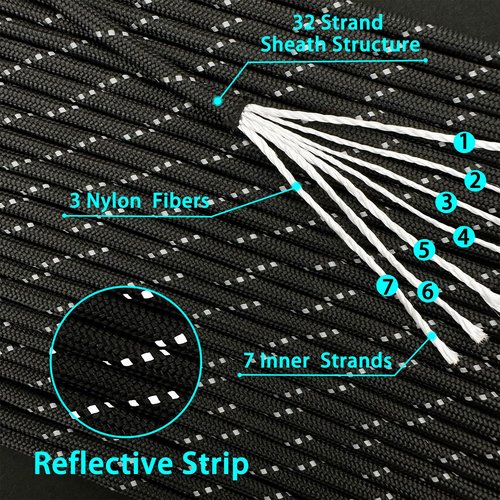 VVAAGG Reflective Paracord Rope 100FT, 7 Strand Nylon para Cord Lanyard Utility 550 Parachute Cord, 4mm Thin Tent Rope for Outdoor Camping Hiking