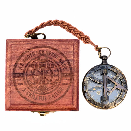 Antique Brass Sundial Compass with Leather Strap Engraved Wooden Box Vintage Navigation Tool for Hiking Camping Boating Nautical Decor Educational Use