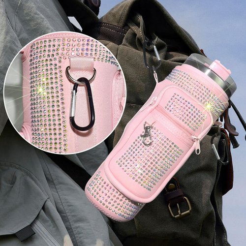 mpmpssss Shining Diamond Water Bottle Carrier Bag with Phone Pocket for Stanley 40 oz Tumbler Neoprene Water Bottle Holder Pouch with Adjustable Strap Bollus & Carabiner for Stanley Cup Accessories.