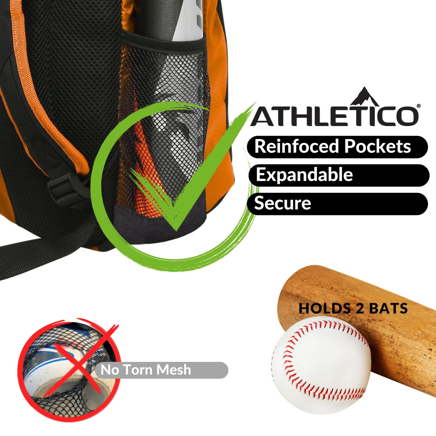 Athletico Youth Baseball Bag - Bat Backpack for Baseball, T-Ball & Softball Equipment & Gear | Holds Bat, Helmet, Glove | Fence Hook (Orange)