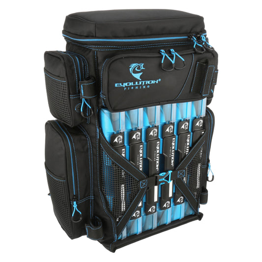 Evolution Fishing Drift Series 3700 Tackle Backpack with QuikLatch System & 2 Rod Holders – Blue, Heavy Duty Fishing Backpack w/ 6 Tackle Trays