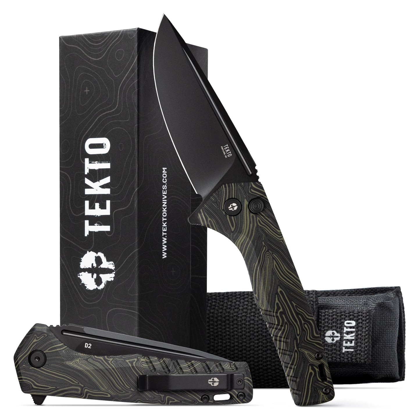 TEKTO F3 Charlie Button Lock Folding Knife, Oversized Fine Edge Blade, Tactical Damascus G10 Handle - Easy Open Pocket Knife with Titanium Coated D2 Steel & Black Titanium Barrel Spacers