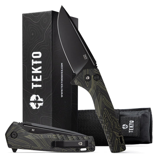 TEKTO F3 Charlie Button Lock Folding Knife, Oversized Fine Edge Blade, Tactical Damascus G10 Handle - Easy Open Pocket Knife with Titanium Coated D2 Steel & Black Titanium Barrel Spacers