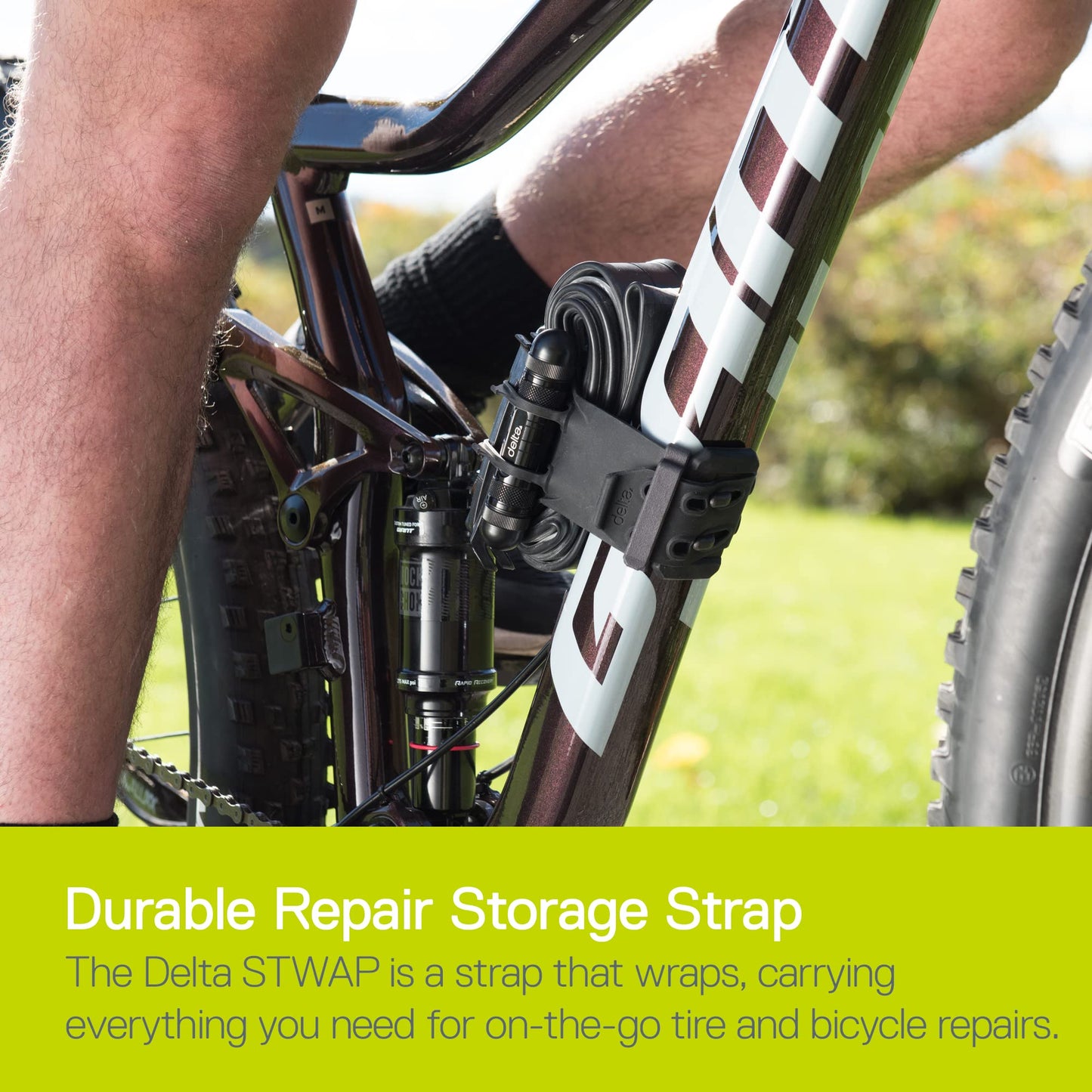 Bike Frame Carrier Utility Strap for Tools and Inner Tubes, Stwap by Delta Cycle - Oversized Strap Design Hold All Bike Tire Tube Sizes up to 29 inches with Integrated Hook & Loop Storage Fasteners