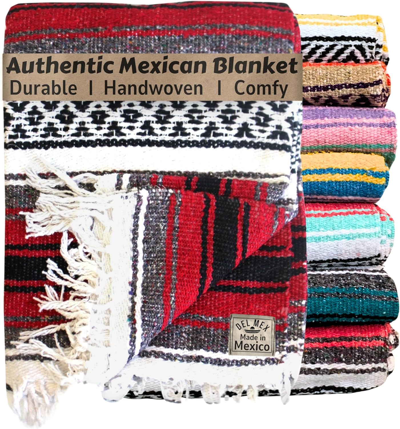 Authentic Del Mex Large Mexican Blanket - Woven Falsa Throw (70"x50") for Beach, Yoga & Outdoor Decor - Pink/Tan