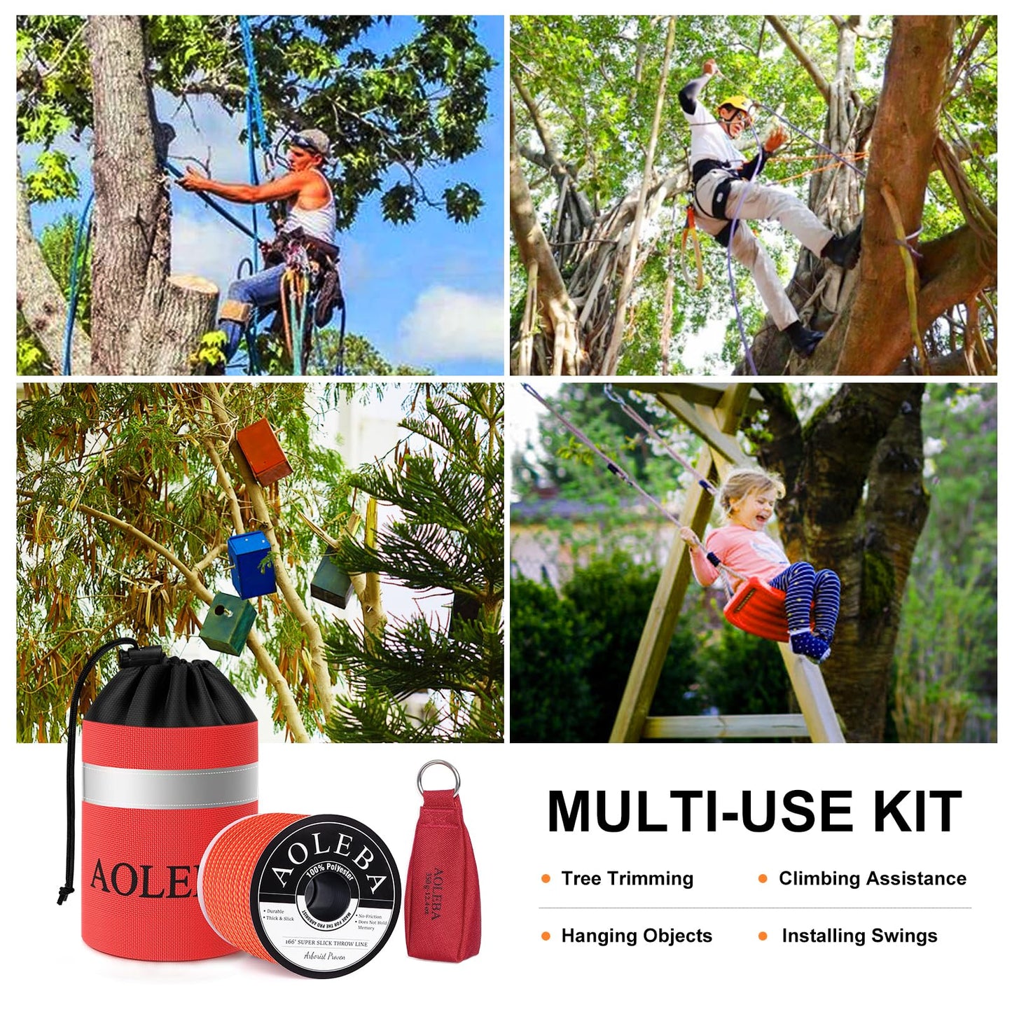 AOLEBA Arborist Throw Line Kit, Slick Arborist Rope Throw Weight Set with Reflective Storage Bag, 100% Polyester Rope, Arborist Equipment for High Limb, Throwing, Climbing, Tree Cutting