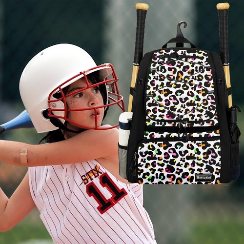Baseball Bag, Youth Baseball Bag Softball Bat Bag with Shoe Compartment, Baseball Equipment Bag TBall Bat with Fence Hook, for Batting Mitten, Helmet, Teeball Gear Adult Colorful Leopard