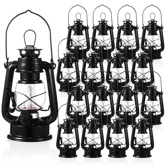 Hortsun 16 Pcs Black Vintage LED Camping Lanterns Warm LEDs and Dimmer Switch Battery Operated Metal Hurricane Farmers Hanging Lantern for Indoor Outdoor Usage Decor (8 Inch)