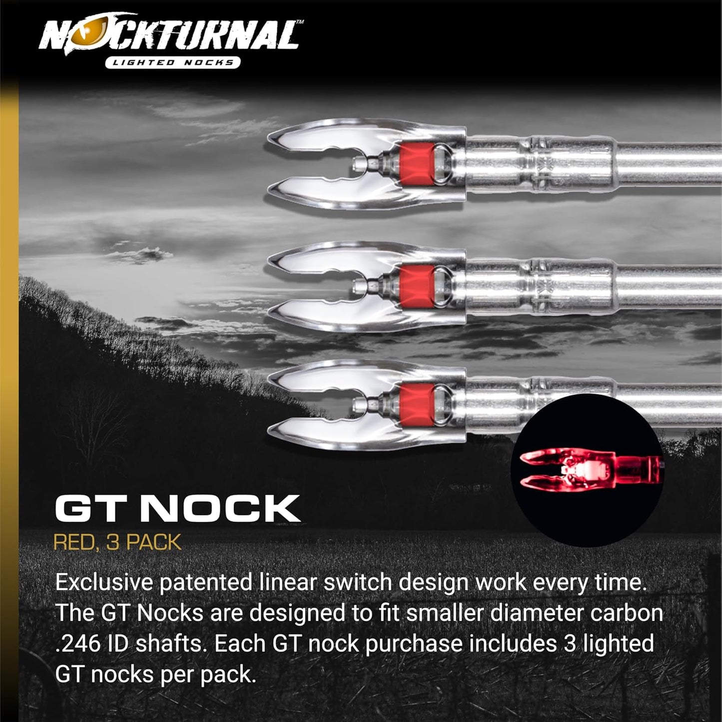 Nockturnal GT Lighted Nock for Gold Tip Arrows with .246 Inside Diameter - RED - 3 Pack (NT-102)