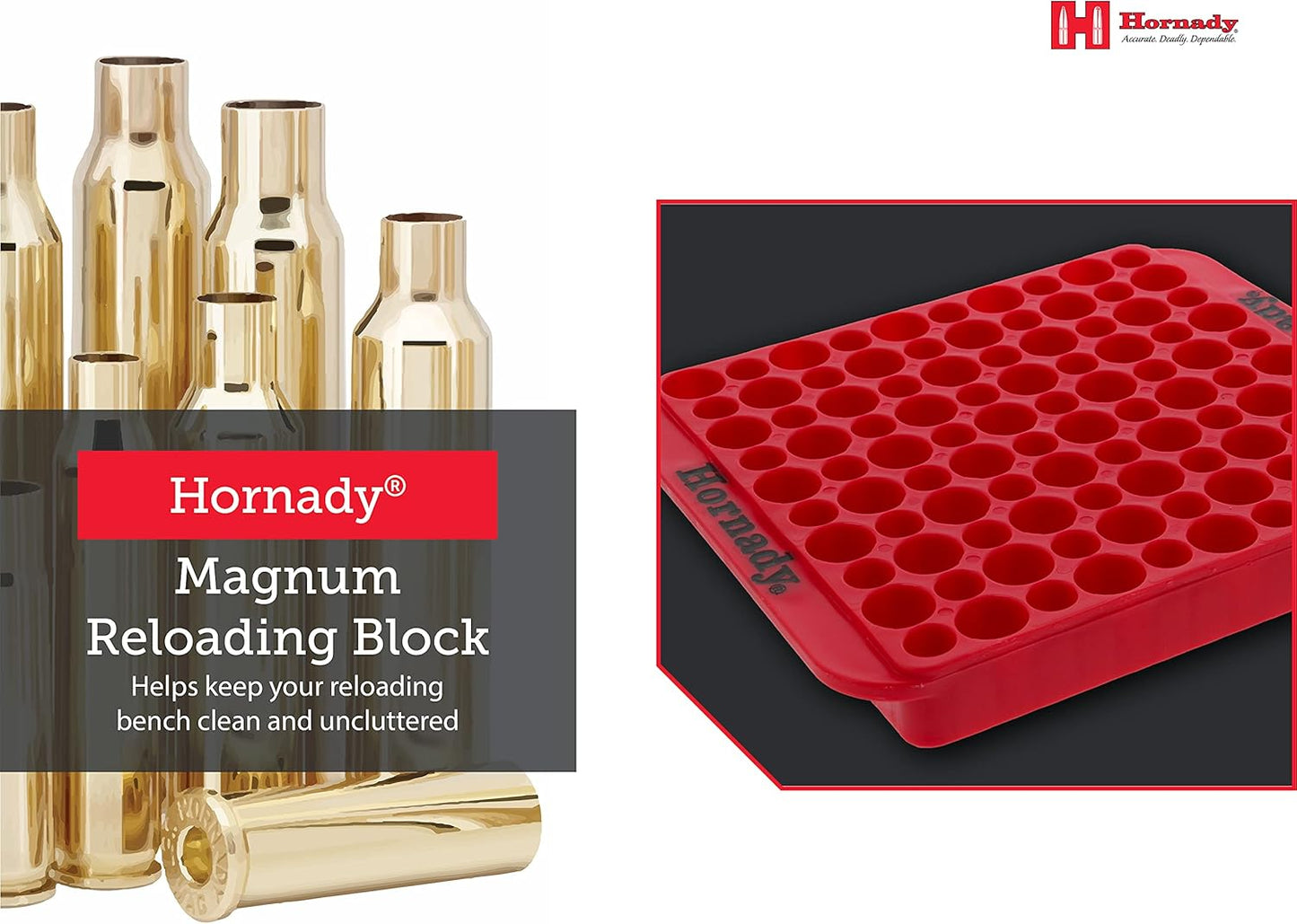 Hornady Magnum Loading Block, 480042 - Keep Your Reloading Bench Clean and Uncluttered with This Large Caliber Reloading Tray - Includes 100 Total Slots to Store 50 BMG Cases or Shotgun Shells