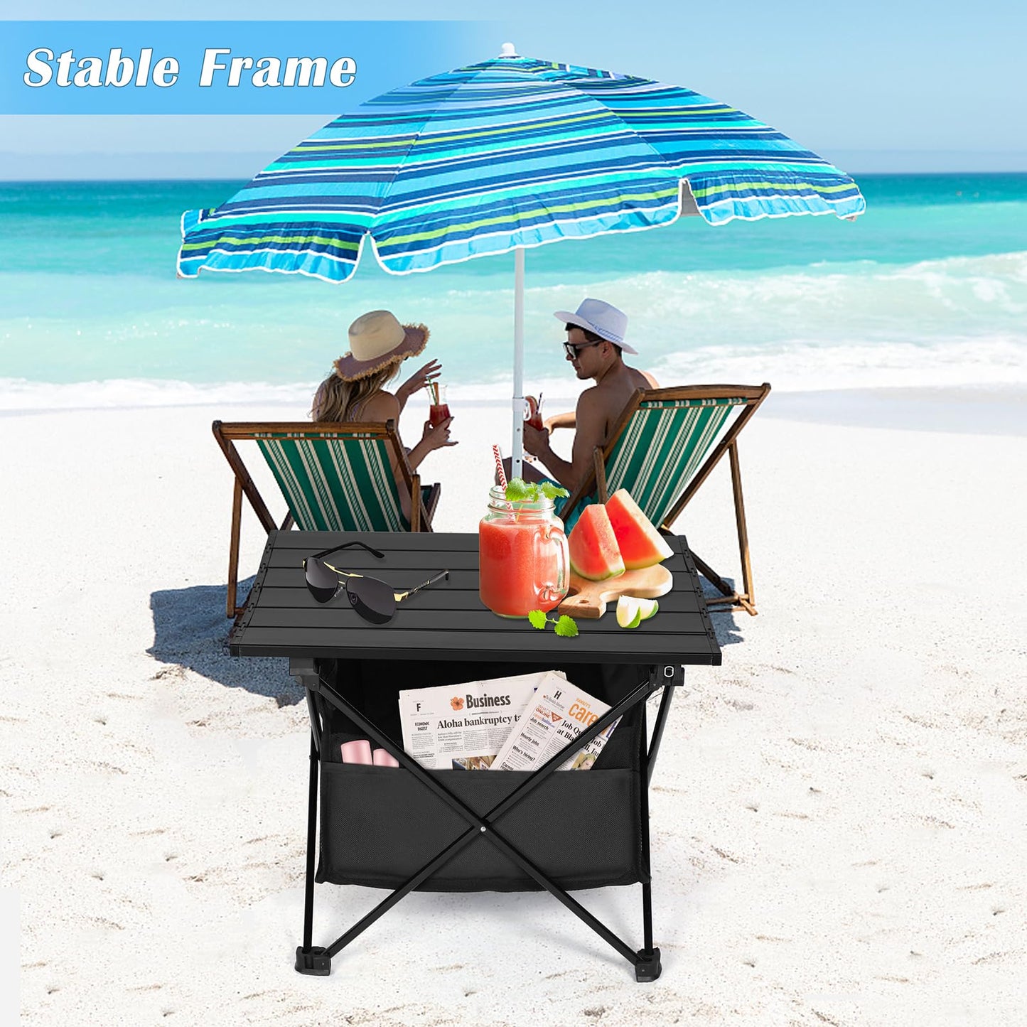Camping Table Folding Beach Table, Small Folding Table Portable with High-Capacity Storage and Carry Bag for Outdoor Camping, Traveling, Hiking, Fishing, Beach, BBQ, Picnics, Cooking, Black