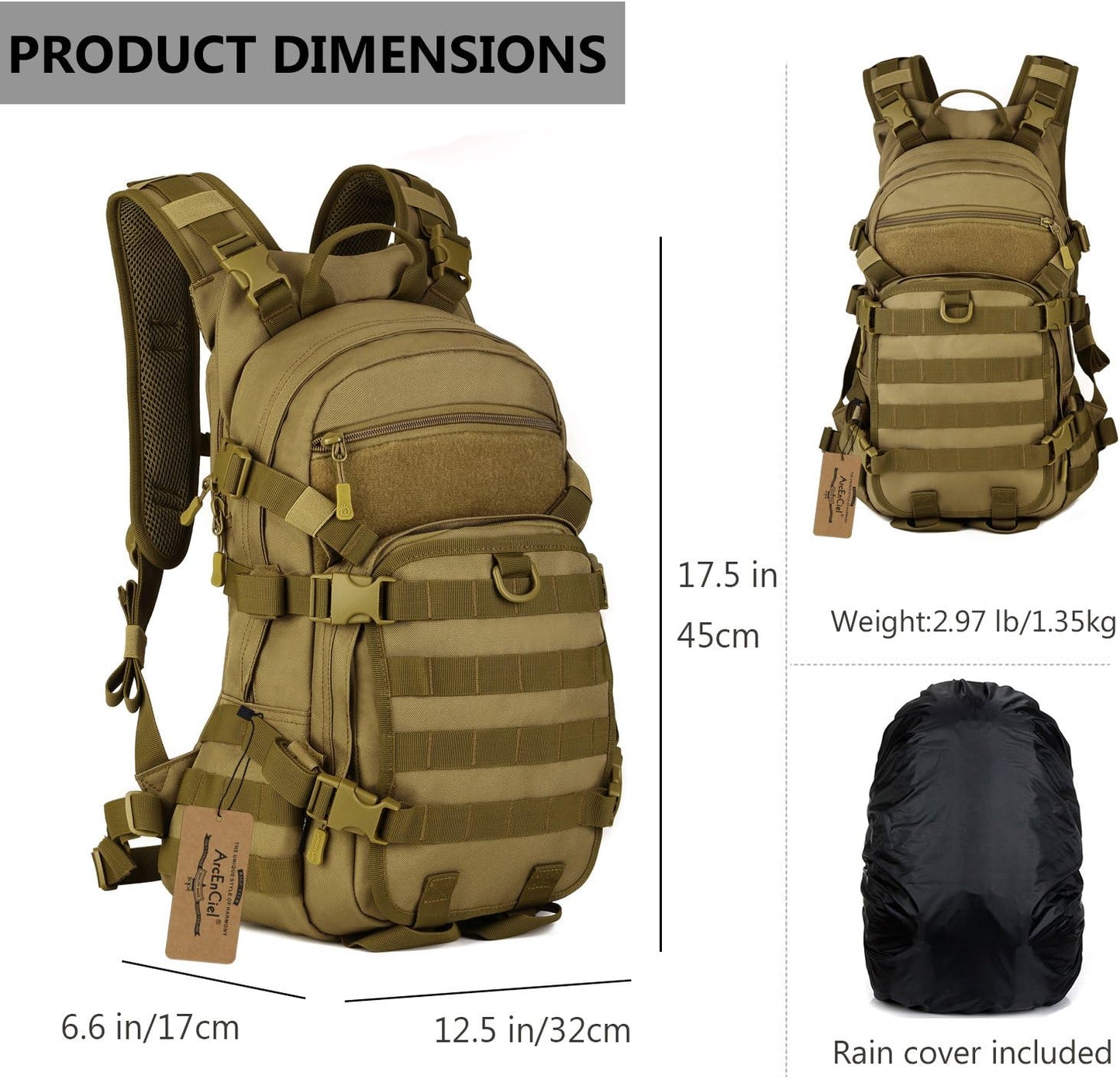 ArcEnCiel 25L Adult Tactical Motorcycle Cycling Backpack Pocket Molle Pack Helmet Holder(Patch&Rain Cover Included)